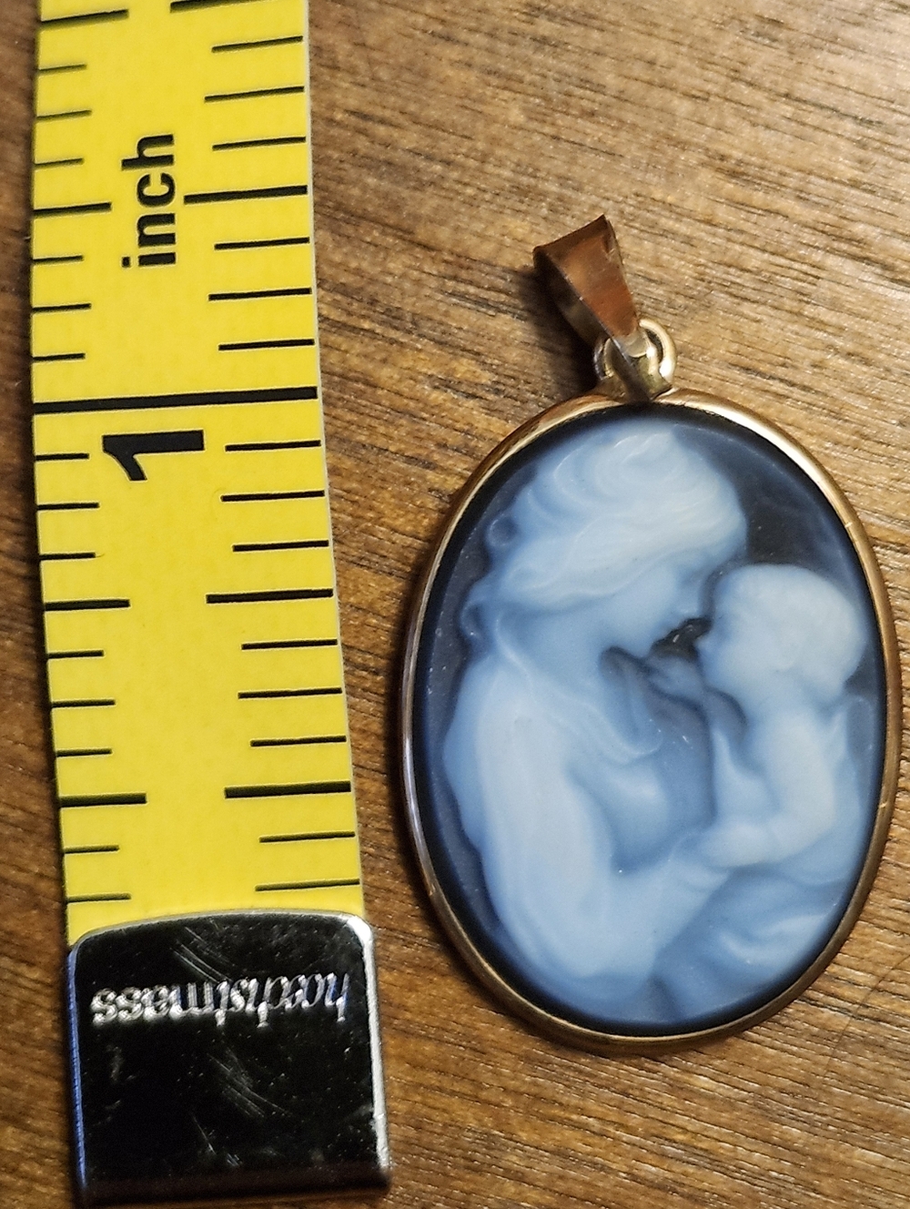 Gold Cameo Mother and Child Oval Pendant Carved - Blue/White